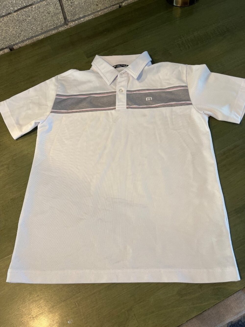 Travis Mathew Mens Large White Polo Shirt With Gray & Red Stripe Design